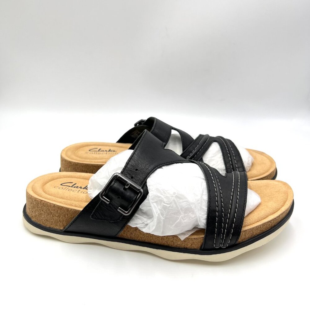 Clarks Womens Size 9.5 9.5M Brynn Hope Black Leather Flat Comfort‎ Sandals Shoes